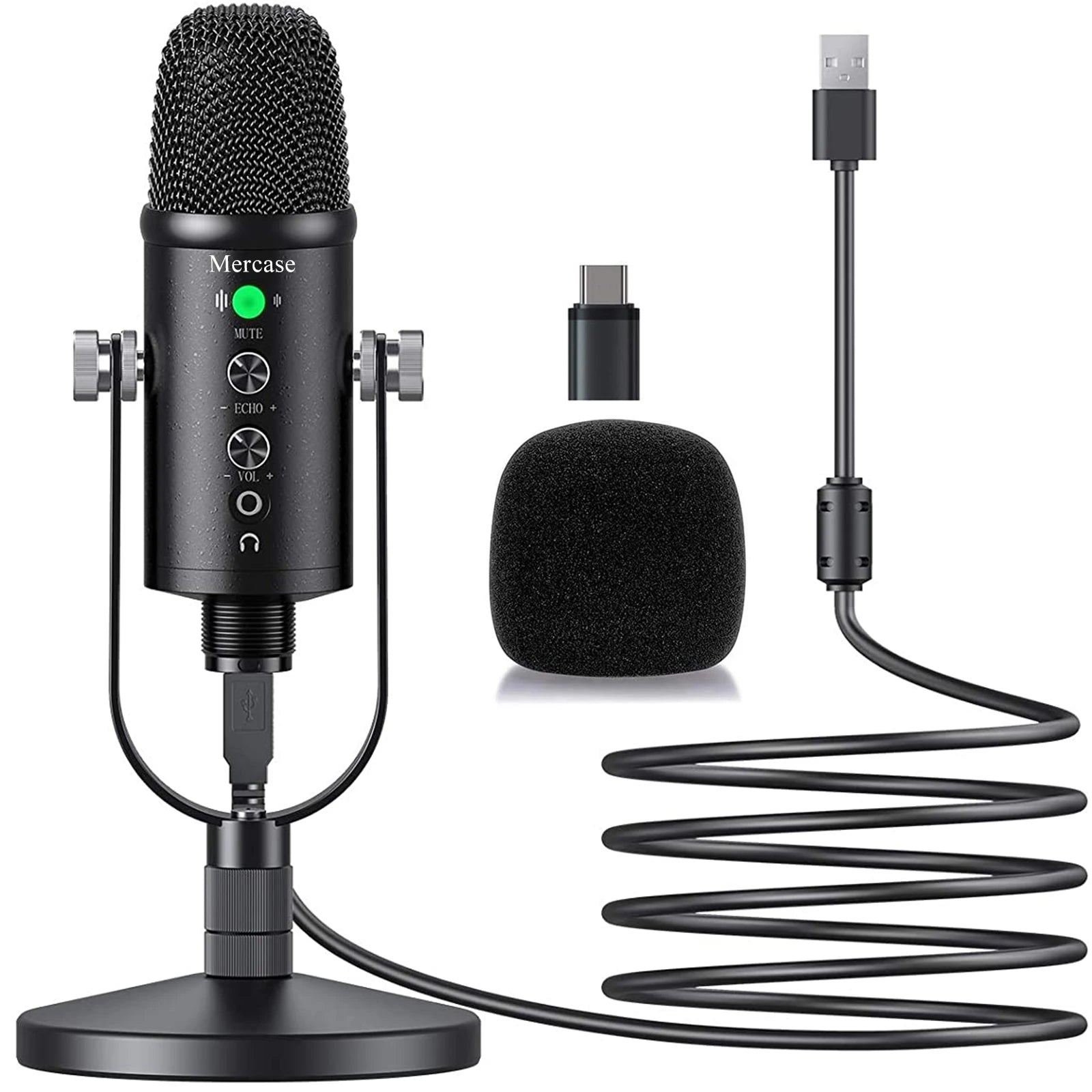 Mercase USB Condenser Microphone – Plug & Play Cardioid Mic with Mute Button for PC, Phone, PS4 & PS5, Recording & Streaming.