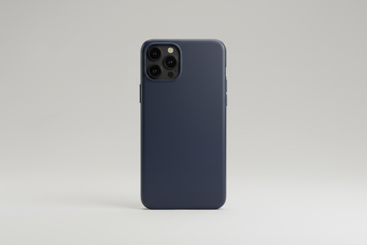 Studio product photography, straight-on front view, eye-level camera, 50mm lens equivalent, fixed camera position, centered composition, identical framing, identical crop, phone placed perfectly vertical, exact same lighting setup, soft key light from left, subtle fill from right, clean shadow beneath, neutral matte background, no camera movement, no angle change.
A modern smartphone fitted with a premium protective phone case, perfect fit, clean edges, flawless surface, brand-new condition, no scratches, n